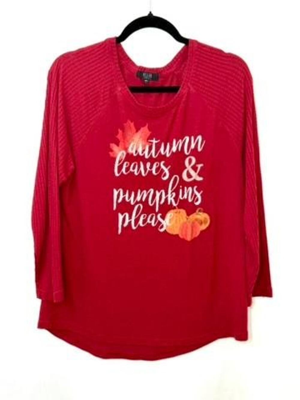 Modern Canvas Autumn Leaves Pumpkins Please Top Womens Large Red 3/4 Sleeve